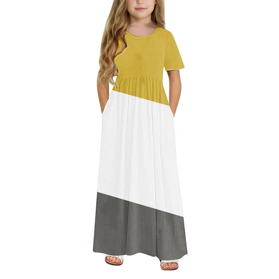 Tween Girls Elegant Dresses Kids Summer Solid Ruffle Sleeve Dress Toddler Kids Girls Cute Color Block Print Short Sleeve Stretchy Pocket Dress A Line Long Dress ,4 Years,Yellow