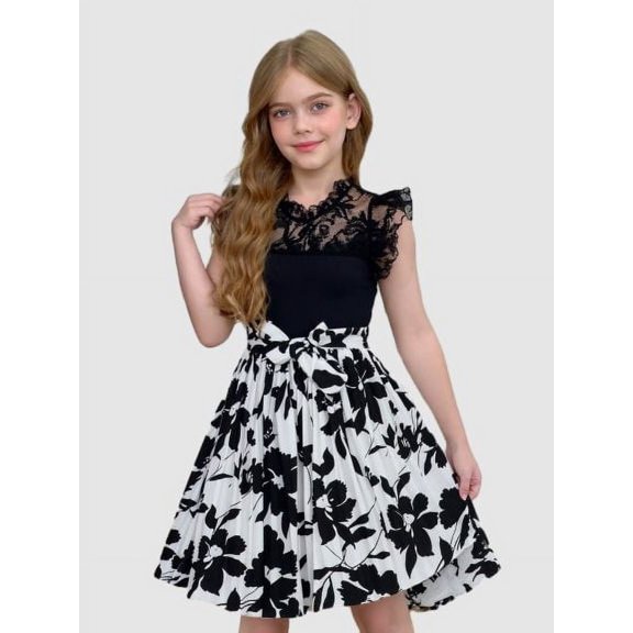 Tween Girls' Elegant Romantic Patchwork Contrast Lace Stand Collar Flutter Sleeve A-Line Pleated Dress with Belt,As Gift 7-14