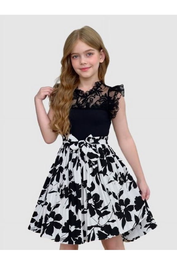 Tween Girls' Elegant Romantic Patchwork Contrast Lace Stand Collar Flutter Sleeve A-Line Pleated Dress with Belt,As Gift 7-14