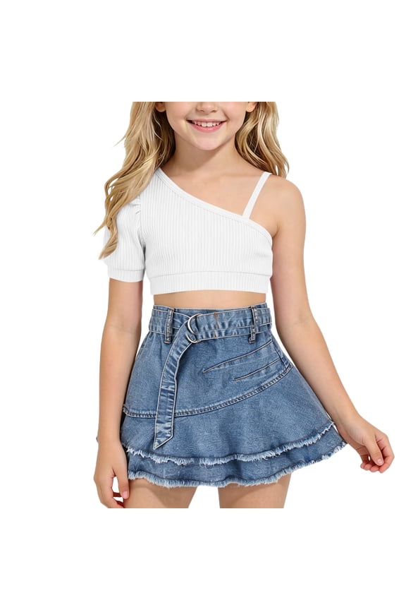 Tween Girls Fashion Clothes 2 Piece Outfit Asymmetrical Ribbed One Shoulder Crop Top And Belted Tiered Denim Skirt Set Summer Casual Streetwear Apparel Suit