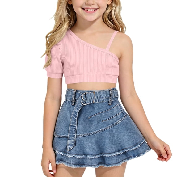 Tween Girls Fashion Clothes 2 Piece Outfit Asymmetrical Ribbed One Shoulder Crop Top And Belted Tiered Denim Skirt Set Summer Casual Streetwear Apparel Suit
