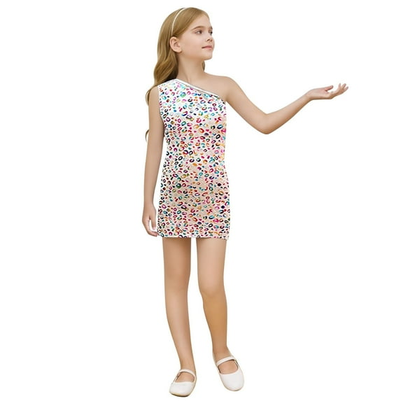 Tween Girls Fashion Metallic Leopard Print Sequin Dress Sleeveless Spaghetti Strap Mini Party Gown Kids