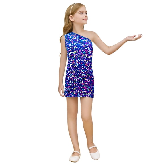 Tween Girls Fashion Metallic Leopard Print Sequin Dress Sleeveless Spaghetti Strap Mini Party Gown Kids