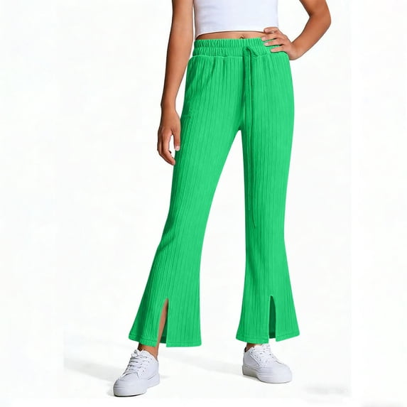 Tween Girls Flare Leggings Ribbed Knit Elastic Waist Drawstring Yoga Pants for School Daily Wear Trousers, 2T-10Y