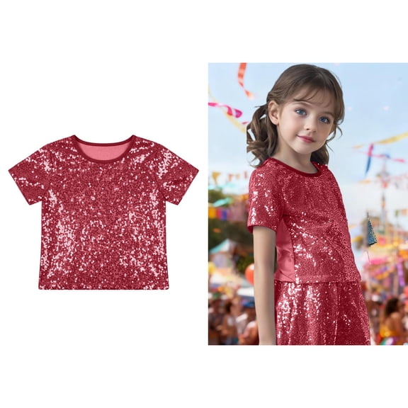 Tween Girls Glitter Sparkly Cropped Top Short Sleeves Dance Tops Jazz Hop Dance Party 10-14 Years