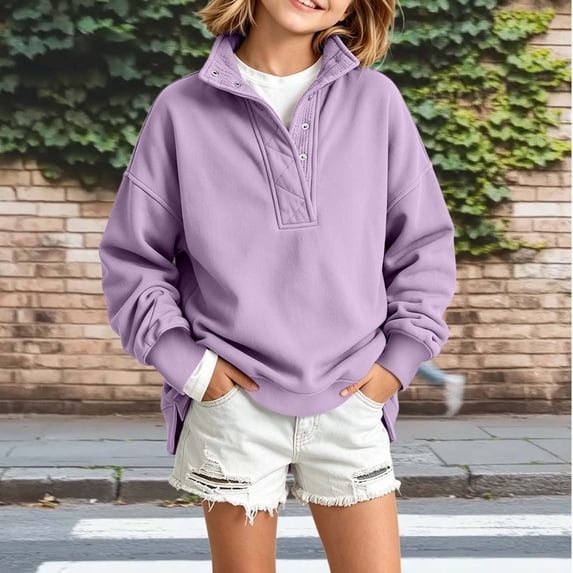 Tween Girls Half Snap Button Pullover Sweatshirts Long Sleeve Mock Neck Casual Tops Fall Winter Warm Clothes Kids Slouchy Lounge Wear Drop Shoulder Sweaters, Size 7-8