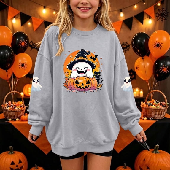 Tween Girls Halloween Pullover Sweatshirts Long Sleeve Funny Ghost Spooky Cat Tops Kids Oversized Crewneck Graphic Sweaters Youth Fall Party Trick or Treat Shirts, Size 7-8