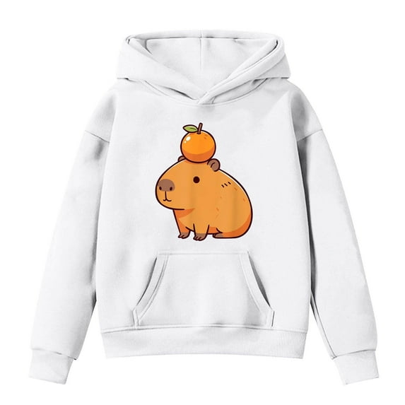 Tween Girls Hoodies Sweatshirts Cute Capybara Print Pullover Long Sleeve Hooded Sweatshirt With Pocket Kids Fall Winter Casual Clothes White Size 10-11T