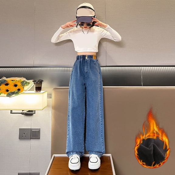 Tween Girls' Jeans Blue Lined Jeans Girls Girls Straight Leg Wide Leg Jeans High Waist Loose Pants Casual Girls Pants 13-14 Years