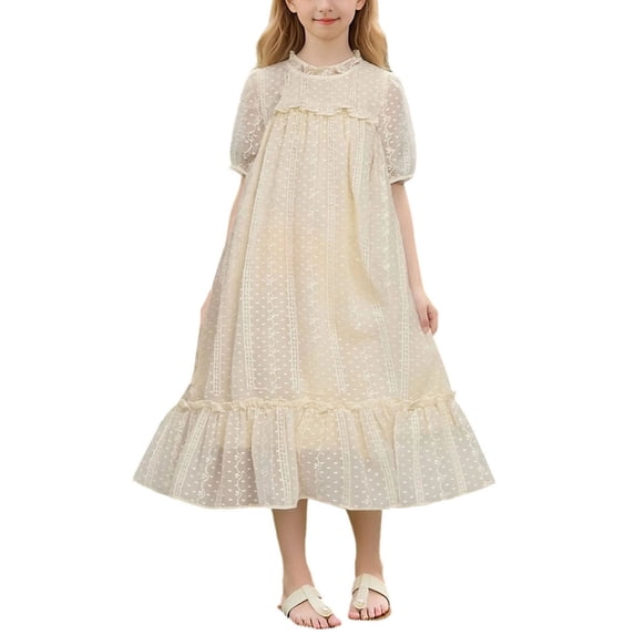 Tween Girls Lace Swiss Dot Midi Dress A-Line Church Dress Beige Short Puff Sleeve Ruffled Hem Kids Girls Size 8-14,Size 13 T