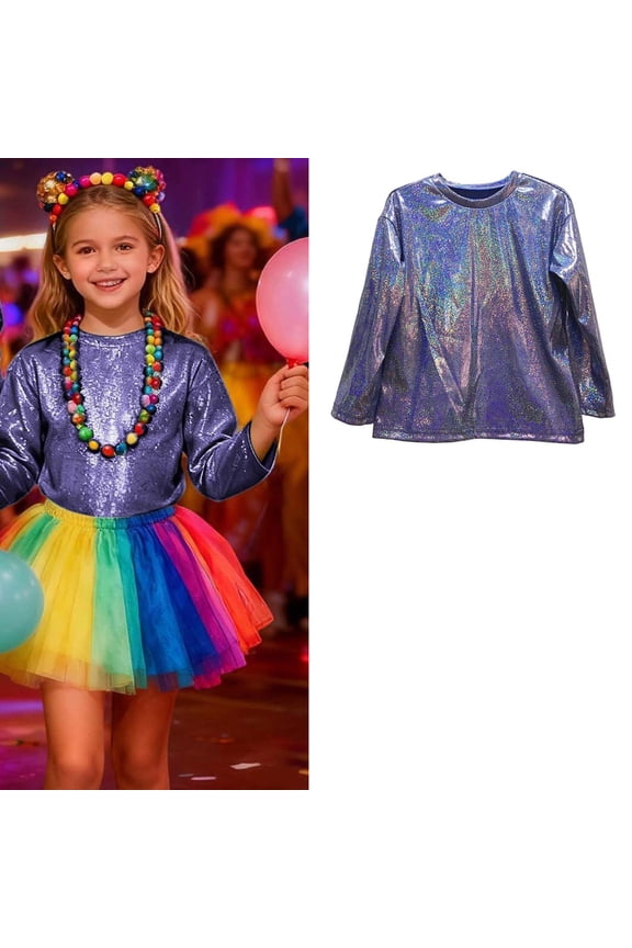 Tween Girls Long Sleeve Sequins Tops Shimmering Metallic Y2K Top for Jazz Hop Party Performance 12-13 Years