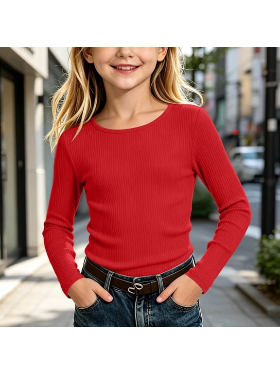 Tween Girls Long Sleeve Shirts Ribbed Basic Tee Casual Crewneck Pullover Slim Fit Stretchy Tops for Kids Tweens Fall Winter Everyday School Wear Clothes, Size 7-8
