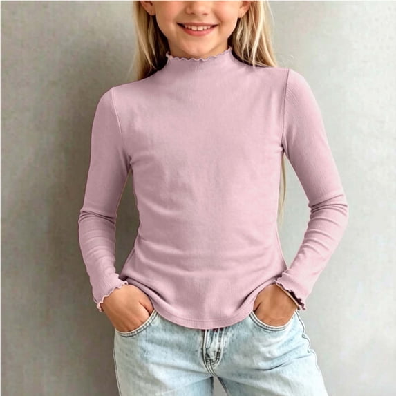 Tween Girls Long Sleeve Shirts Ribbed Knit Mock Neck Slim Fit Basic Tee Tops with Lettuce Trim Ruffle Edge Cute Fall Winter Casual Blouse for School Everyday Wear, Size 7-8