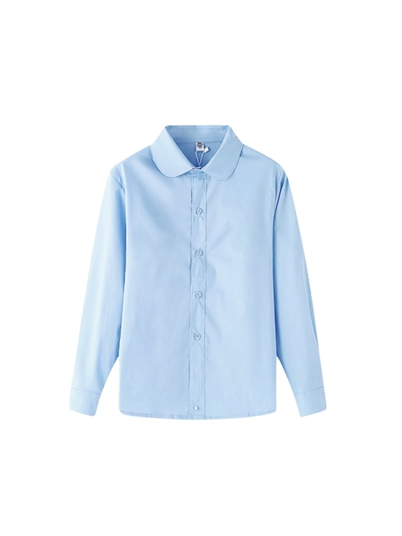 Tween Girls Long Sleeved Shirt Solid Color Button-Up Dress Shirt Casual Versatile Shirts