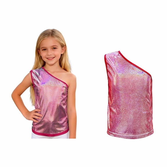 Tween Girls Off Shoulder Sequins Dance Vest Sleeveless Shimmering Metallic Tank Tops Jazz Hip Hop Stage Performance 11-12 Years
