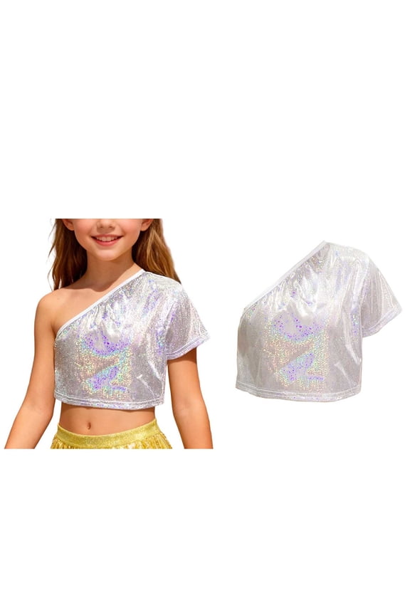 Tween Girls One-Shoulder Crop Top Metallic Sparkle Loose Tops Jazz Hop Dance Performing 10-11 Years