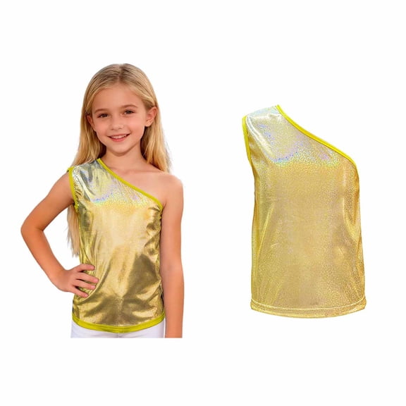 Tween Girls One-Shoulder Sequins Vest Sleeveless Glittery Metallic Tank Tops Latin Jazz Hi Hop Performance Dance Oufits 13-14 Years