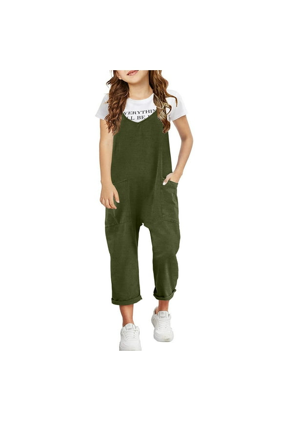 Tween Girls Onesies Casual Sleeveless Jumpsuits Spaghetti Strap Loose Overalls Long Pants Romper With Pocket Cute One-Piece Playsuits For Babys