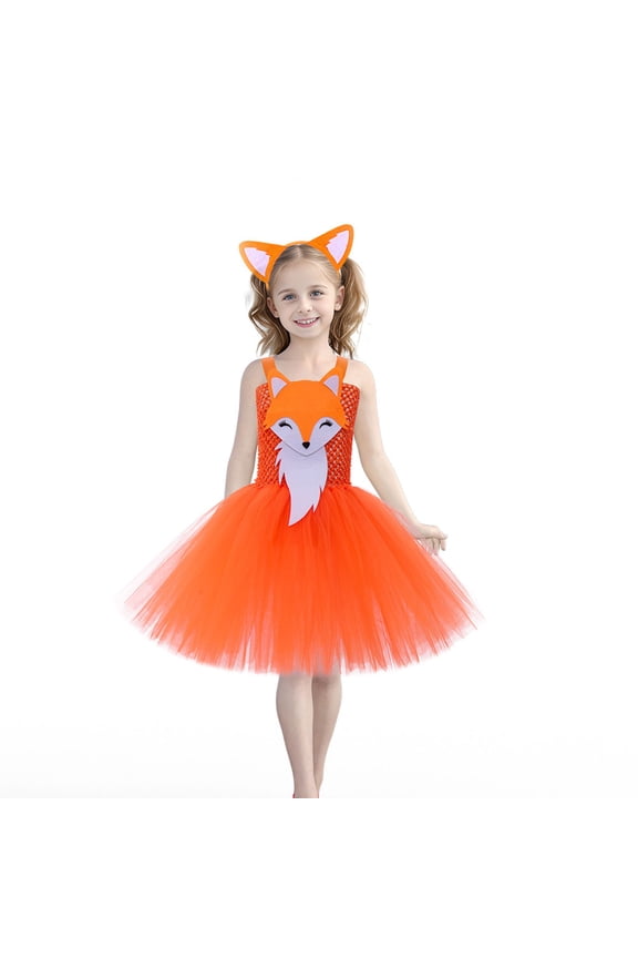 Tween Girls Outfit Sets Perform Dress Cartoon Fox Princess Mesh Sleeveless Tutu Dresses With Headband Birthday Party 2Pcs Set Little Kid Clothing Suit