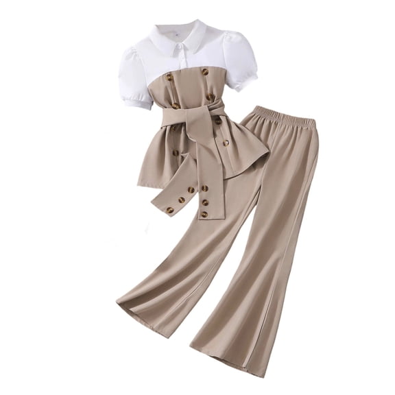 Tween Girls Outfits Sets 2 Piece Notched Collar Top With Wide Leg Bottom Pants Casual Cute Girls Fall Clothes Khaki Size 10-11T