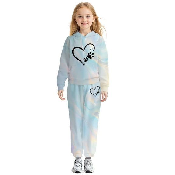 Tween Girls Outfits Sets Casual Hooded Sweatshirt With Heart Print Top Pants Comfy Kids Fall Girls Clothes Light Blue Size 12-13T