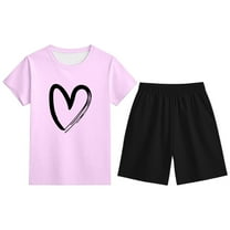 Tween Girls Outfits Sets Casual Wear Heart Print Short Sleeve Top Shorts Kids Cute Girls' Fall Clothing Sets Light Purple Size 12-13T