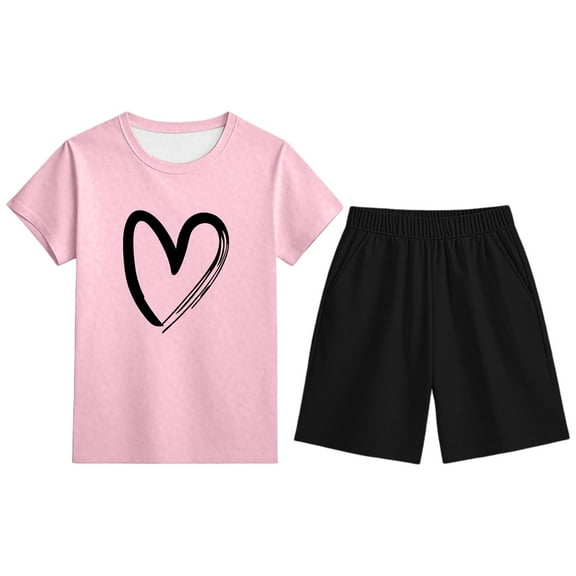 Tween Girls Outfits Sets Casual Wear Heart Print Short Sleeve Top Shorts Kids Fall Girls Clothes Pink Size 12-13T