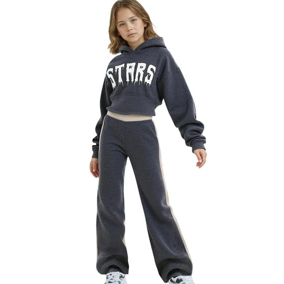 Tween Girls Outfits Sets Winter Hooded Pullover Sweatshirt With Letter Print Wide Leg Pants Casual School Yoga Fall Girls Clothes Grey Size 10-11T