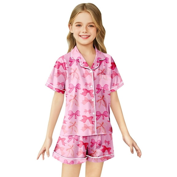 Tween Girls Pajama Set Bowknot Printed 2 Piece Short Sleeve Button-Down Top Shorts Set Girl Summer Pajamas Teen Pajamas Girls 12-13 Years