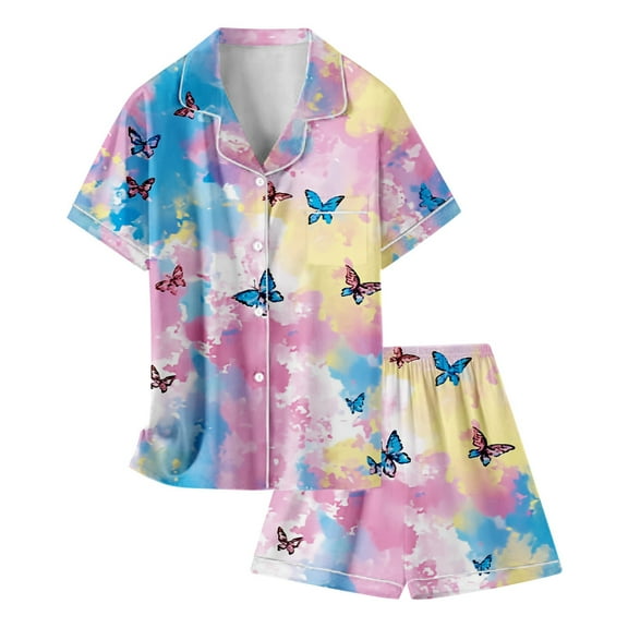 Tween Girls Pajama Set Fashion Print 2 Piece Short Sleeve Button Down Shirts Shorts Set Christmas Pjs Kids Size 12-13 Years Girls Pajamas