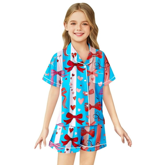 Tween Girls' Pajama Sets Bowknot Kids Button Down Pajamas Set Sleepwear Loungewear Set Girls Satin Pajamas Size 10-11 Years