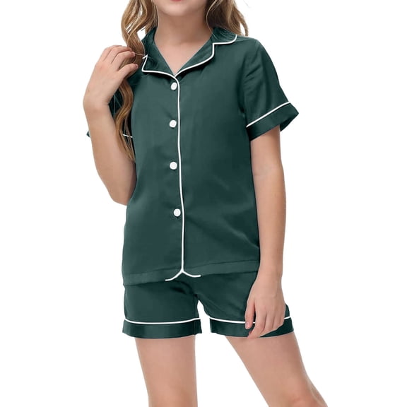 Tween Girls' Pajama Sets Solid Button Down Tops Set Kids Pajamas Nightgown Silk Christmas Pajamas 10-11 Years