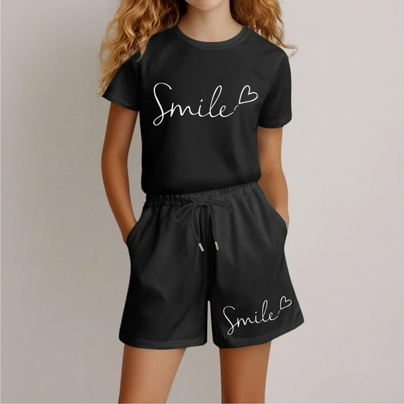 Tween Girls Pajamas Set Kids Letter Printed Crewneck Soft Comfort Short Sleeve Top Shorts Set Summer Pjs Sleepwear Outfits Tween Girls Pjs Size 11-12 Years