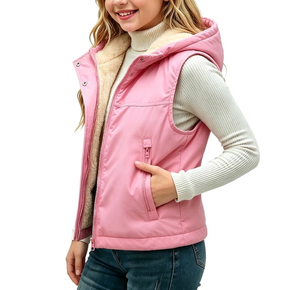 Tween Girls Puffer Vest with Hood Winter Warm Sleeveless Jacket Cozy Sherpa Lined Full Zip Quilted Outerwear Coat for Fall Outdoor Activities Layering Tops, Size 9-10