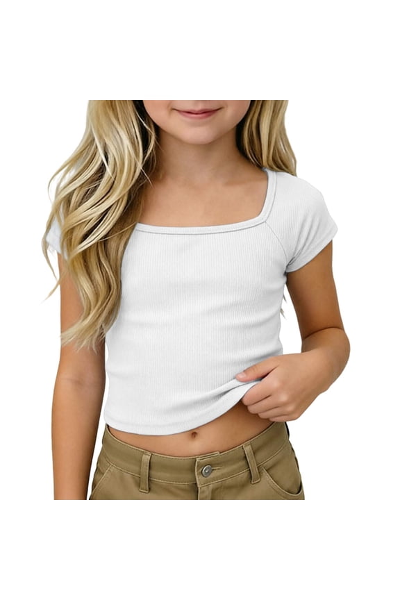 Tween Girls Ribbed Square Neck Crop Tee Raglan Sleeve Solid Casual Summer Top 5-14 Years