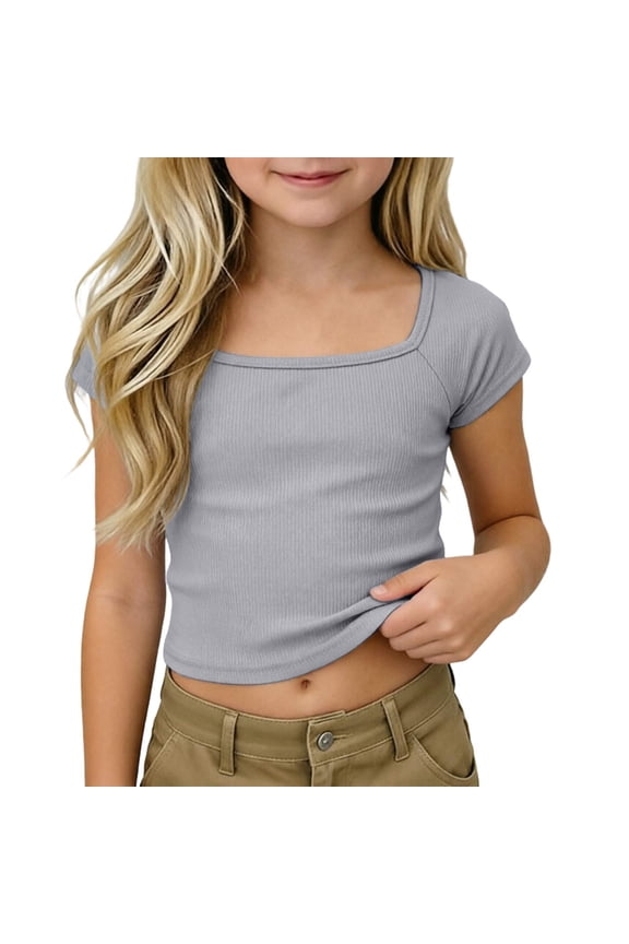 Tween Girls Ribbed Square Neck Crop Tee Raglan Sleeve Solid Casual Summer Top 5-14 Years