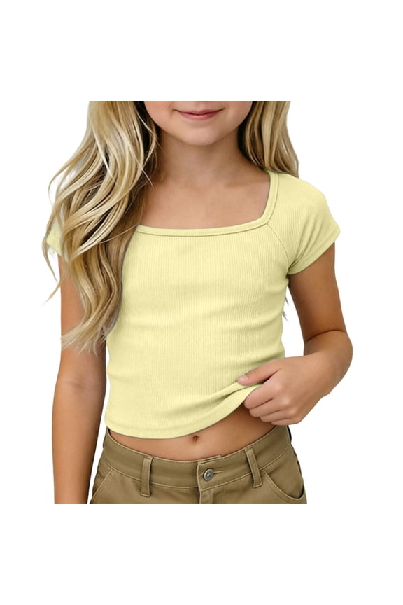 Tween Girls Ribbed Square Neck Crop Tee Raglan Sleeve Solid Casual Summer Top 5-14 Years