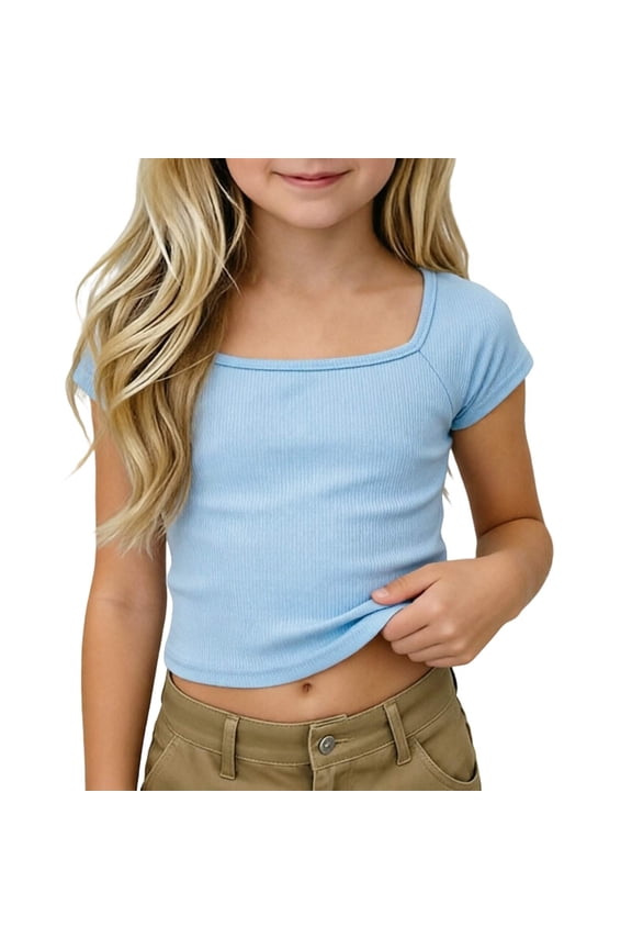 Tween Girls Ribbed Square Neck Crop Tee Raglan Sleeve Solid Casual Summer Top 5-14 Years