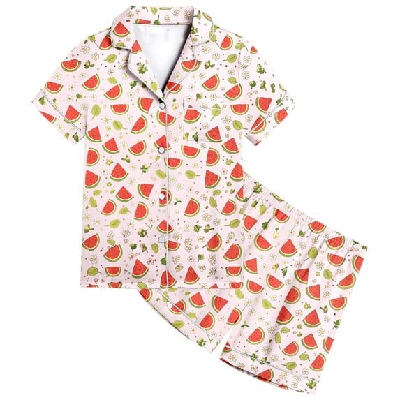 Tween Girls Satin Pajamas Fruit Print 2 Piece Set Short Sleeve Button Down Sleepwear with Shorts Set Girls Summer Clothes Teen Pajamas Girls 10-11 Years