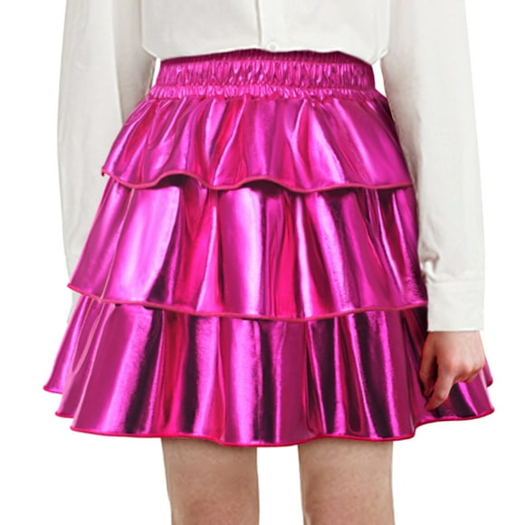 Tween Girls Shiny Skirts Metallic Ruffle Tutu Skirt Glossy 3-Layer Dance Scooter Skirts High Waist A-Line Disco Flared Skirt Sparkle Pleated Short Skater