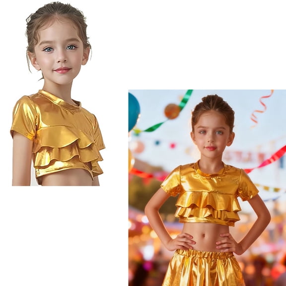 Tween Girls Short Sleeve Crop Top Sparkly Metallic Shiny Dance Tops Modern Jazz Hop Performance Party 11-12 Years