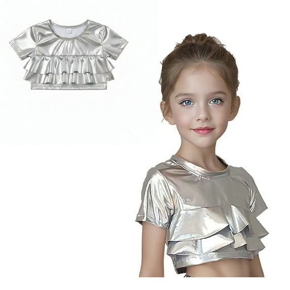 Tween Girls Short Sleeve Cropped Top Shimmering Metallic Dance Top T-Shirt Modern Jazz Hop Stage Performance 11-12 Years