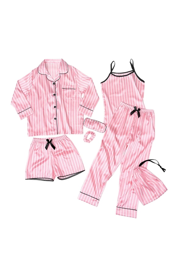 Tween Girls Silk Pajama 7 Piece Striped Sleepwear Loungewear Outfit Kids Home Clothes