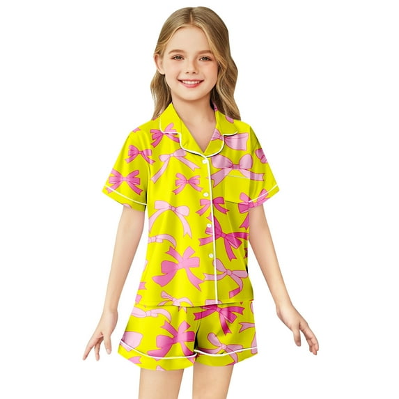 Tween Boys Silk Pajamas Set Bowknot Printed 2 Piece Short Sleeve Button Down Shirts with Shorts Set Summer Pjs for Girls Silk Pjs for Girls 10-11 Years