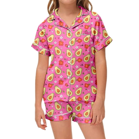 Tween Girls Silk Pajamas Set Fruit Print 2 Piece Set Short Sleeve Button-Down Top Shorts Set Summer Pjs for Girls Boys Pajamas Size 10-11 Years