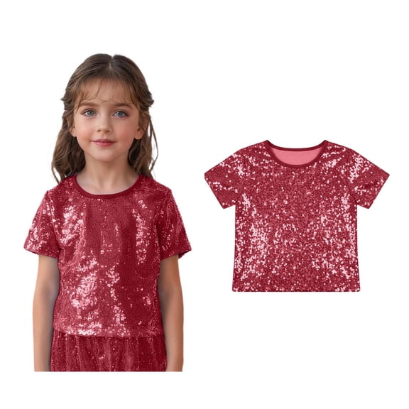 Tween Girls Sparkle Sequins Crop Tops Short Sleeves T-Shirt Modern Jazz Hop Dance Performing 10-14 Years