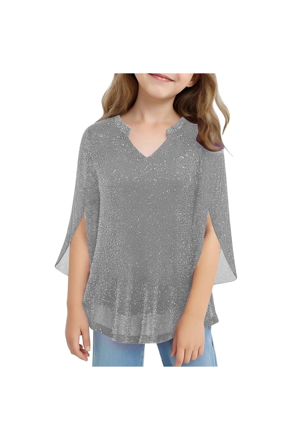 Tween Girls Sparkling Top With Threads Mesh Layered Design Summer Long Sleeve Shirt Casual Blouse Clothes