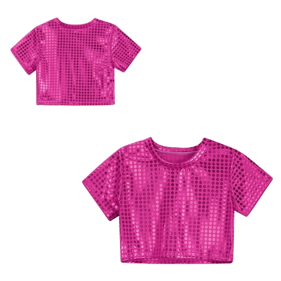 Tween Girls Sparkly Metallic Shiny Crop Tops Short Sleeves Loose T-Shirt Belly Hop Jazz Party Performance 10-12 Years