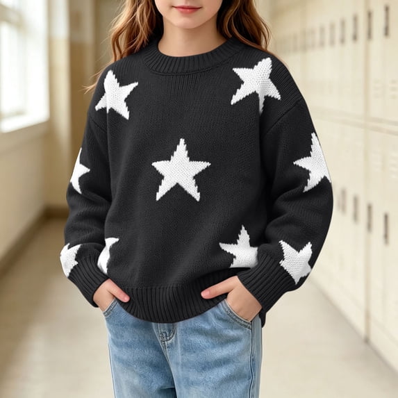 Tween Girls Star Print Pullover Sweaters Crewneck Long Sleeve Knit Jumpers Fall Winter Warm Casual Tops Fashion Trendy Outerwear for Little Kids Toddler Girls, Size 8-10