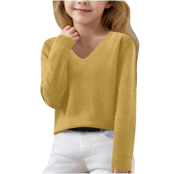 Tween Girls Sweaters Fall Winter Long Sleeve V Neck Knit Pullover Sweaters Kids Girls Clothes Yellow Size 10-11T